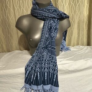 Large Elegant Blue Patterned Scarf With Tassels Boho Casual